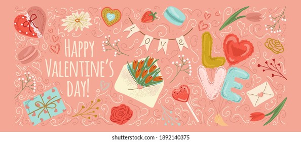 Vealentines day poster and card, hand drawn vector illustration. 14 February Valentine day design decoration background with flowers, candy, letter