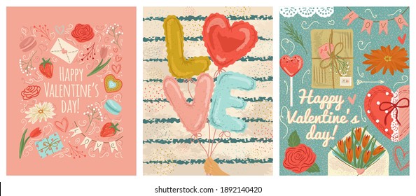 Vealentines day posters and cards, vector illustration. Hand with balloons in Love letters shape. 14 February Valentine day design backgrounds