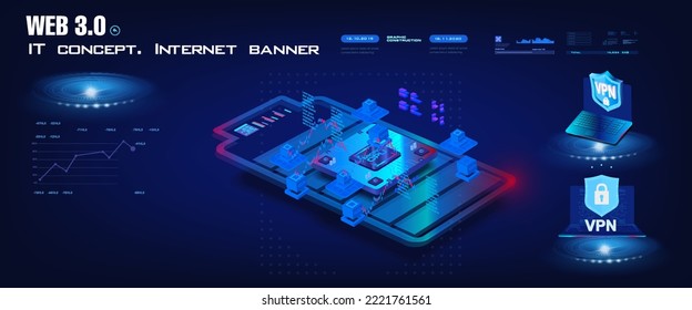 VEB 3.0. Modern internet with unique Blockchain technology on futuristic cyber background. Updated new technology. concept banner. Internet and communication. World Internet technologies of the future