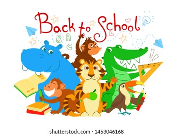 Vecctor picture of wild animals that are happy to return to the school. Jungle animals holding school supplies. Children education.