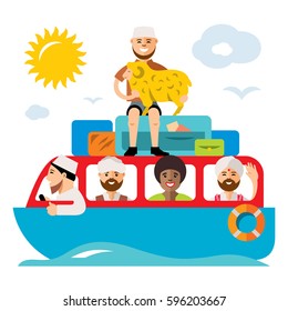 Vecctor Refugee migrants boat. Illegal migration. Flat style colorful Cartoon illustration.