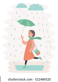 Vecetor illustration of cute vector girl walking in the rain with umbrella Cloud and puddle