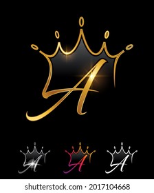 A vecetor illustration set of Golden Monogram Crown Initial Letter A in black background with gold shine effect for luxury logo and sign