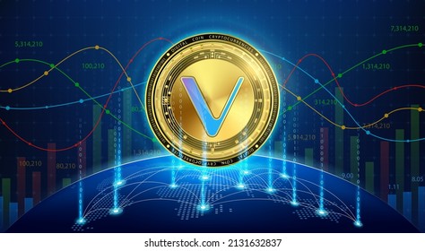 Vechain gold coin. Token cryptocurrency currency on future internet. Digital online technology blockchain stock market and crypto currencies. Hologram with a globe and world map. Vector EPS10.