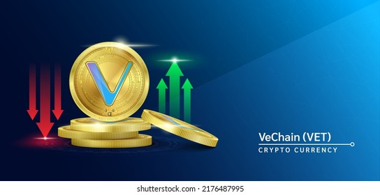 VeChain token cryptocurrency banner. Future currency on blockchain stock market with red-green arrows up and down. Gold coins crypto currencies. Banner for news on a solid background. 3D Vector.