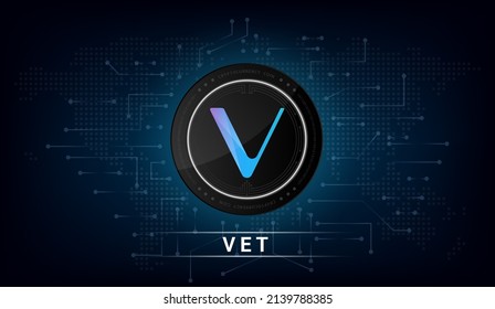 Vechain (VET) coin cryptocurrency token symbol. Coin icon on dark  background. Technology for finance in International stock blockchain. Vector illustration.