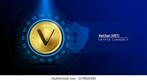 VeChain (VET) coin gold. Cryptocurrency blockchain. Future digital (crypto currency) currency replacement technology concept. On blue background. 3D Vector illustration.