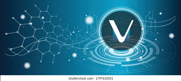 Vechain VET coin symbol with crypto currency themed background design. Modern neon color banner for VET or vechain icon. Blockchain technology, digital innovation & trade exchange concept.