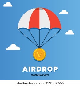 VeChain VET cryptocurrency airdop concept technology background. Free giveaway and contest promotion crypto coins. Vector editable eps 10 template