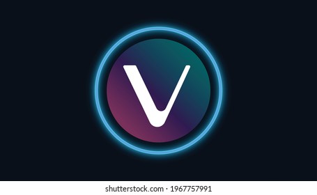 VeChain VET token logo with crypto currency themed circle black background design. Modern blue neon color banner for VET token icon. Vechain Cryptocurrency Blockchain technology concept.