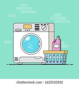 vecktor flat design set washing machine laundry clothes, detergent, and bucket.