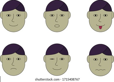 Veclor collage of illustrations or pictures of man faces in different mood: joy or happy, wonder, tongue, sadness, wink and ill or afraid
