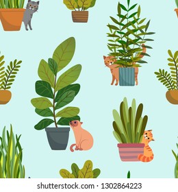 Veclor seamless pattern house indoor plants with cats, potted plants collection. Flat colorful vector illustration