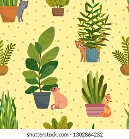 Veclor seamless pattern house indoor plants with cats, potted plants collection. Flat colorful vector illustration