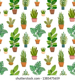 Veclor seamless pattern with house indoor plants on white background. Flat colorful vector illustration