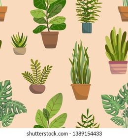 Veclor seamless pattern with house indoor plants on pink background. Flat colorful vector illustration