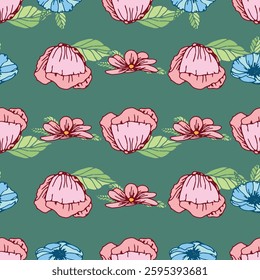 Vecor Big Scale Red Blue Floral Seamless Pattern