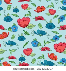 Vecor Big Scale Red Blue Floral Seamless Pattern