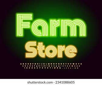 Vecor electric Signboard Farm Store. Bright Neon Font. Glowing Alphabet Letters and Numbers set