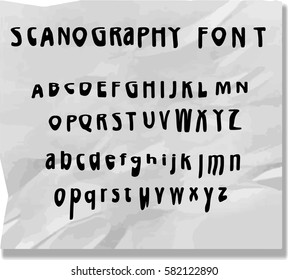 Vecor font made with scanography technique. Grunge style alphabet.
