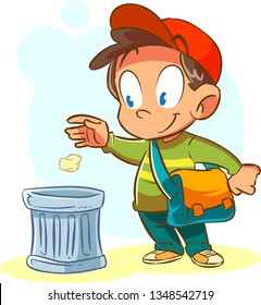 vecor illustration of boys throw garbage in its place to maintain cleanliness