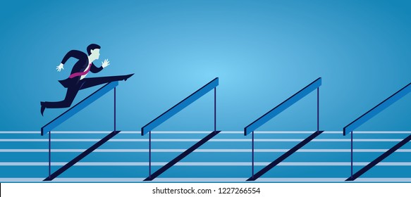 Vecor illustration, businessman running jumping over obstacle hurdles on track, business challenge concept