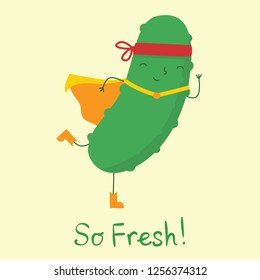 Vecor illustration with Cartoon flat Cucumber Superhero character,  vegetable in mask and funny quote So fresh!