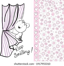 vecor illustration of cute teddy bear hugging the curtain