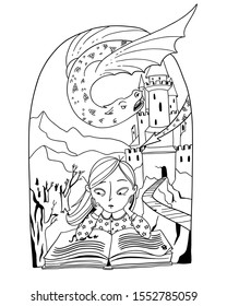 Vecor illustration on white background. The girl with book dreaming about a fairy tale story in the book, wich she reading. Dragon flies around the castle in mountain.