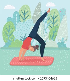 Vecor illustration of woman practicing yoga concept, standing in exercise, Downward facing Tree pose, working out.