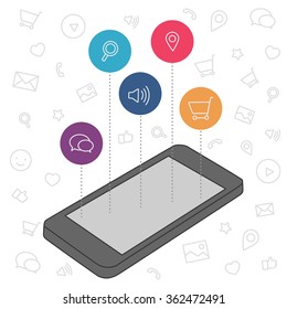 Vecor mobile phone with app. Mobile trends in smartphone. Mobile internet notification in smartphone. Internet trends in mobile phone. Mobile smartphone app with internet trends. Trends mobile app 