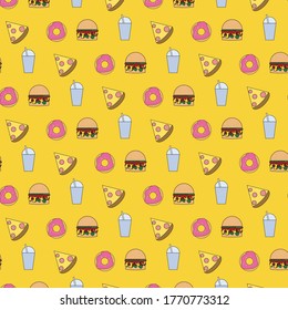 vecor pattern backgound food set. burger, pizza, donut, cola wallpaper