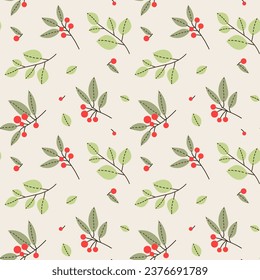 Patrón de vecor con ramas de rowan sobre un fondo beige y hojas verdes. Decoración retro para la decoración de tejidos, carteles y decoración.	