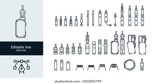 Vektor-Satz von Vape bezogenen einfachen Linien-Icons. RDA, Zerstäuber, Tropfspitze, Mod, E-Flüssigkeit, Spule