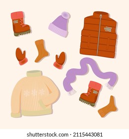 Vecot set of winter clothers. Isolated down vest, boots, gloves.  Winter knitting -  sweater, scarf, hat,  socks.  Vector flat illustration 