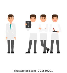 vecotr flat cartoon male young doctor character in white medical clothing, gown creation set. Isolated illustration on a white background. Different views, emotions, gestures