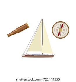 vecotr flat cartoon nautical, marine symbols set. Sailing yacht with big white sails, compass or Rose of Wind and wooden Spyglass icons. Isolated illustration on a white background.