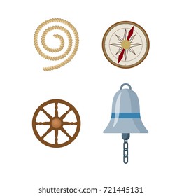 vecotr flat cartoon nautical, marine symbols set. Compass or Rose of Wind and wooden boat steering wheel, ship signal bell, mooring rope, icons. Isolated illustration on a white background.