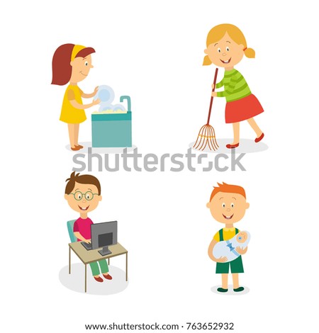 vecotr flat kids doing household chores set. Girl washing dishes , another girl sweeping the floor by broom, boy working at desktop computer, another one holding newborn baby. Isolated illustration.