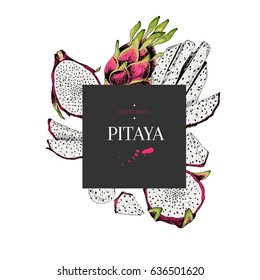 Vecotr hand drawn smoothie bowls poster. Exotic colored engraved fruits. Square border composition. Piataya whole, half, slices, and balls.