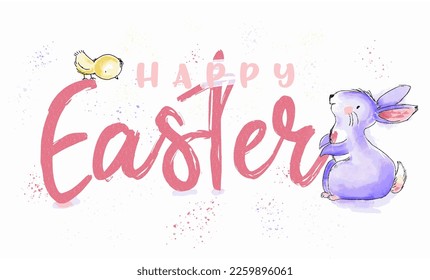 Vecotr Happy Easter acuarela e ilustración de color rosa con lindo conejito y polluelo para saludar con tarjeta impresa y banner web