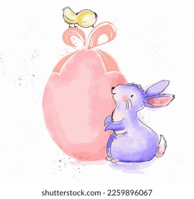 Vecotr Happy Easter watercolor and ink vintage illustration with cute bunny and chick for greeting on print card and web banner