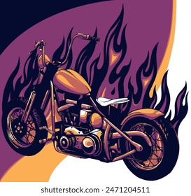 vecotr illustration of chopper motorcycle with fire flame.