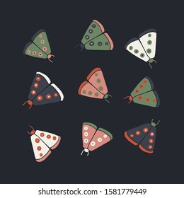 Vecotr set with decorative butterflies and moth on dark background. Scandinavian style background. For modern and original textile, tshirt, bag, wrapping paper