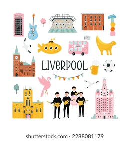 Vecror illustration of Liverpool map with famous symbols, hotspots. Anfield Staduim, Liver Royal Building, Liverpool university and cathedral. Cityscape with colorful icons in a flat style for books, 