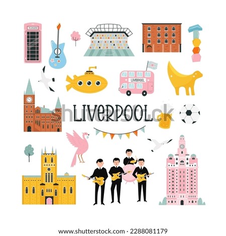 Vecror illustration of Liverpool map with famous symbols, hotspots. Anfield Staduim, Liver Royal Building, Liverpool university and cathedral. Cityscape with colorful icons in a flat style for books, 