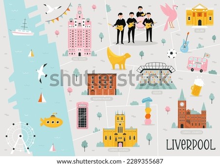 Vecror illustration of Liverpool map with famous symbols, hotspots. Anfield Staduim, Liver Royal Building, Liverpool university and cathedral. Cityscape with colorful icons in a flat style for books, 