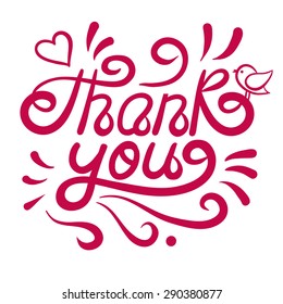 Vecrot illustration of text Thank you. Hand drawn line thank you background. Thank you hand lettering. Handmade calligraphy card with scroll.