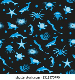 The vecrtor ocean set with cute blue sea animals on the black background. The different isolated sea creatures for using in kids design. 