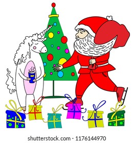 VecSanta Claus skating with a bag came to wish the unicorn a Merry Christmas. White background for design cards, stickers, prints.tor.